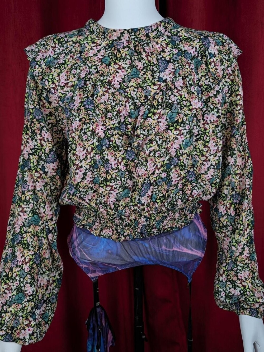 2020 Wild Fable Black, Pink, Green, Purple, & Yellow Floral Ruffle Smocked Top